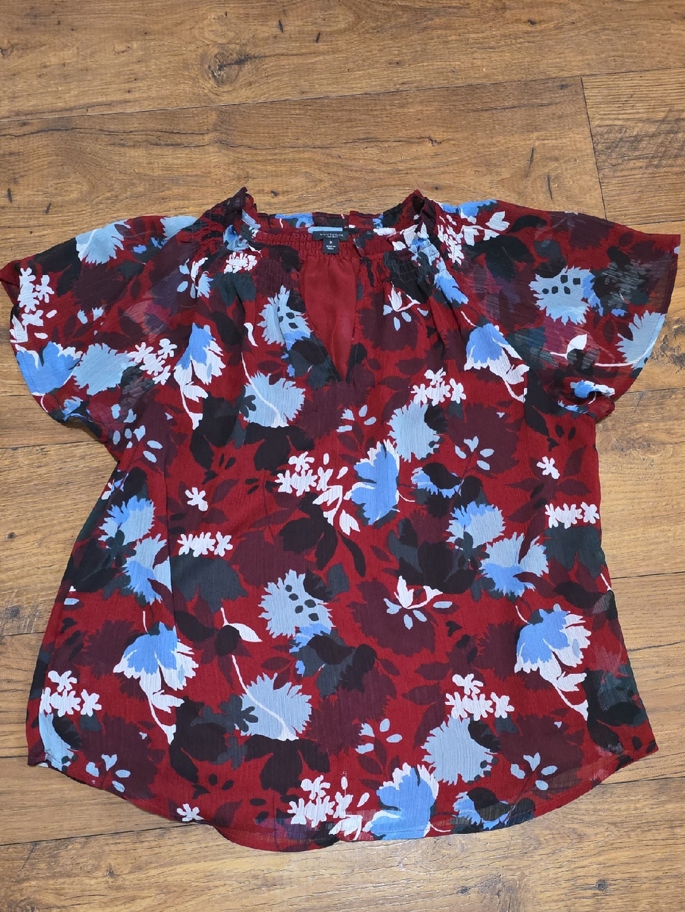 Ann Taylor Factory Red Floral Blouse with Blue & Black Accents